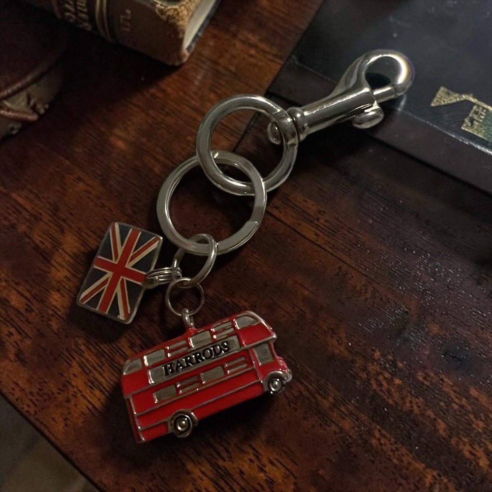 Harrods London Double Decker Bus Union Jack Keychain Bag Charm Red Enamel